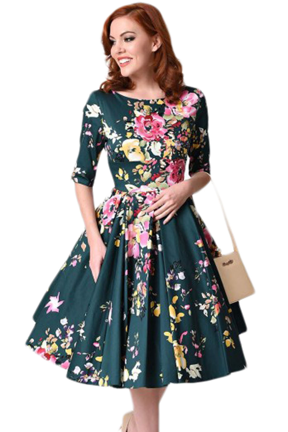 BY61702-9 Jasper Vintage Style Floral Half Sleeve Swing Dress